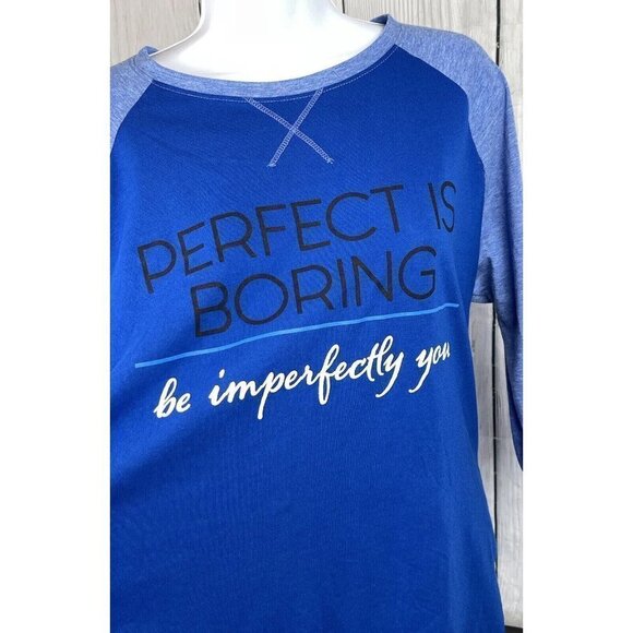 Athletic Works XL 3/4 Sleeve Blue Raglan Top "Perfect Is Boring" - Picture 2 of 9